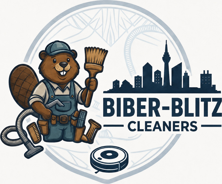 Biber-Blitz Cleaners Logo mit Maskottchen und Düsseldorfer Skyline